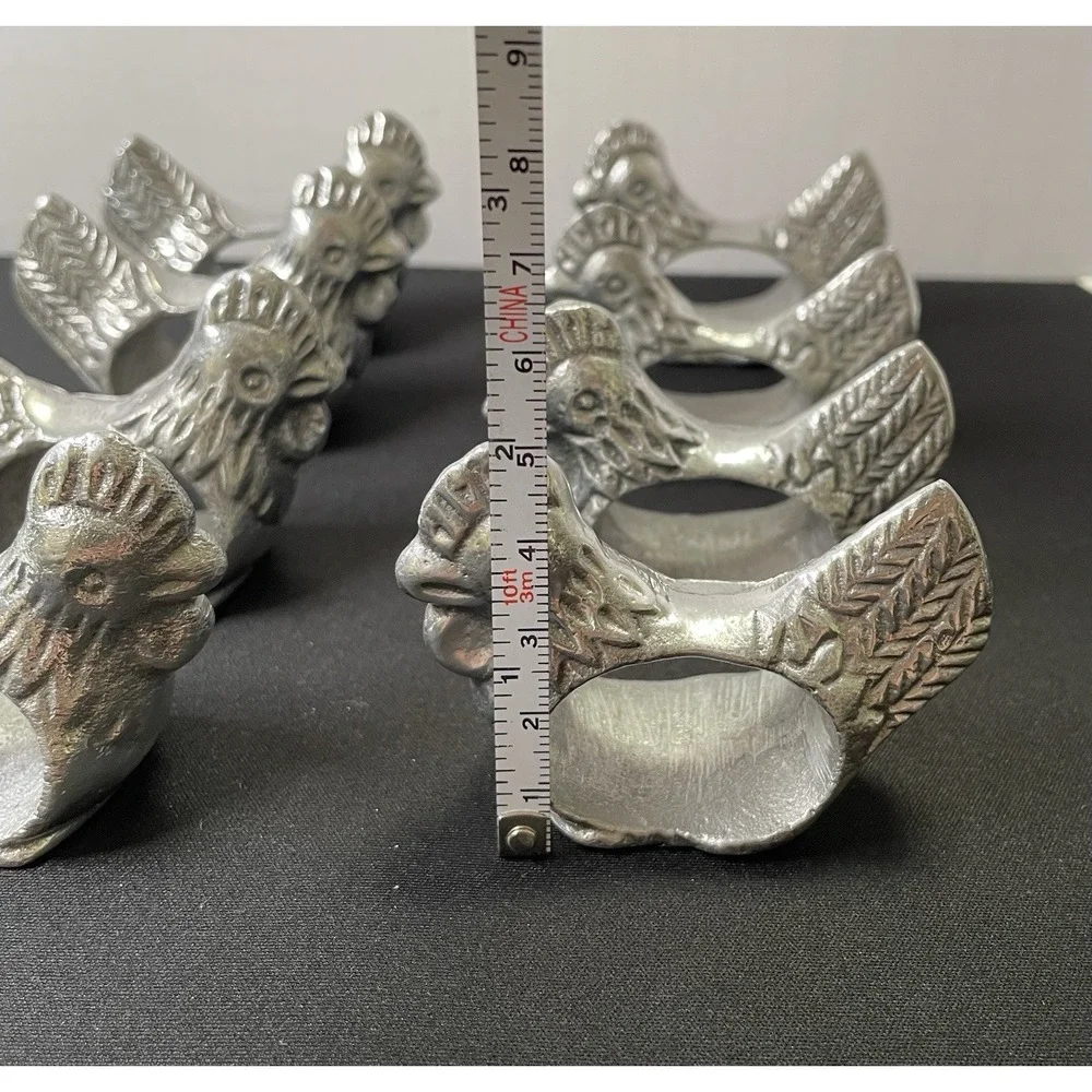 Vintage 1970s Set of 8 Pewter Chicken Rooster Napkin Rings French Country Rustic